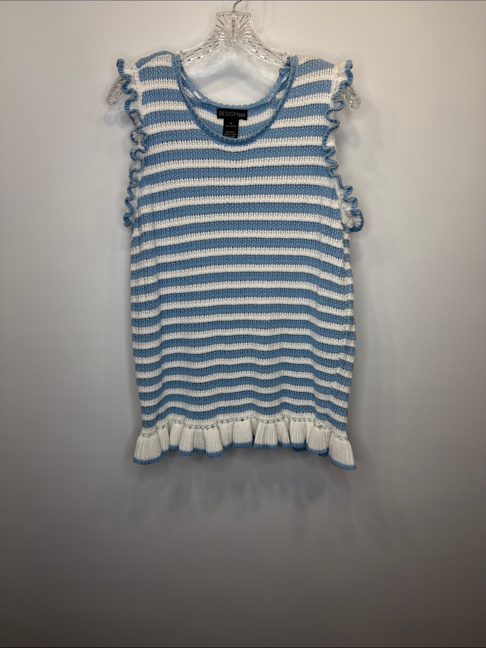 Design 365 Blue & White Striped Crochet Knit Ruffle Tank Top XL